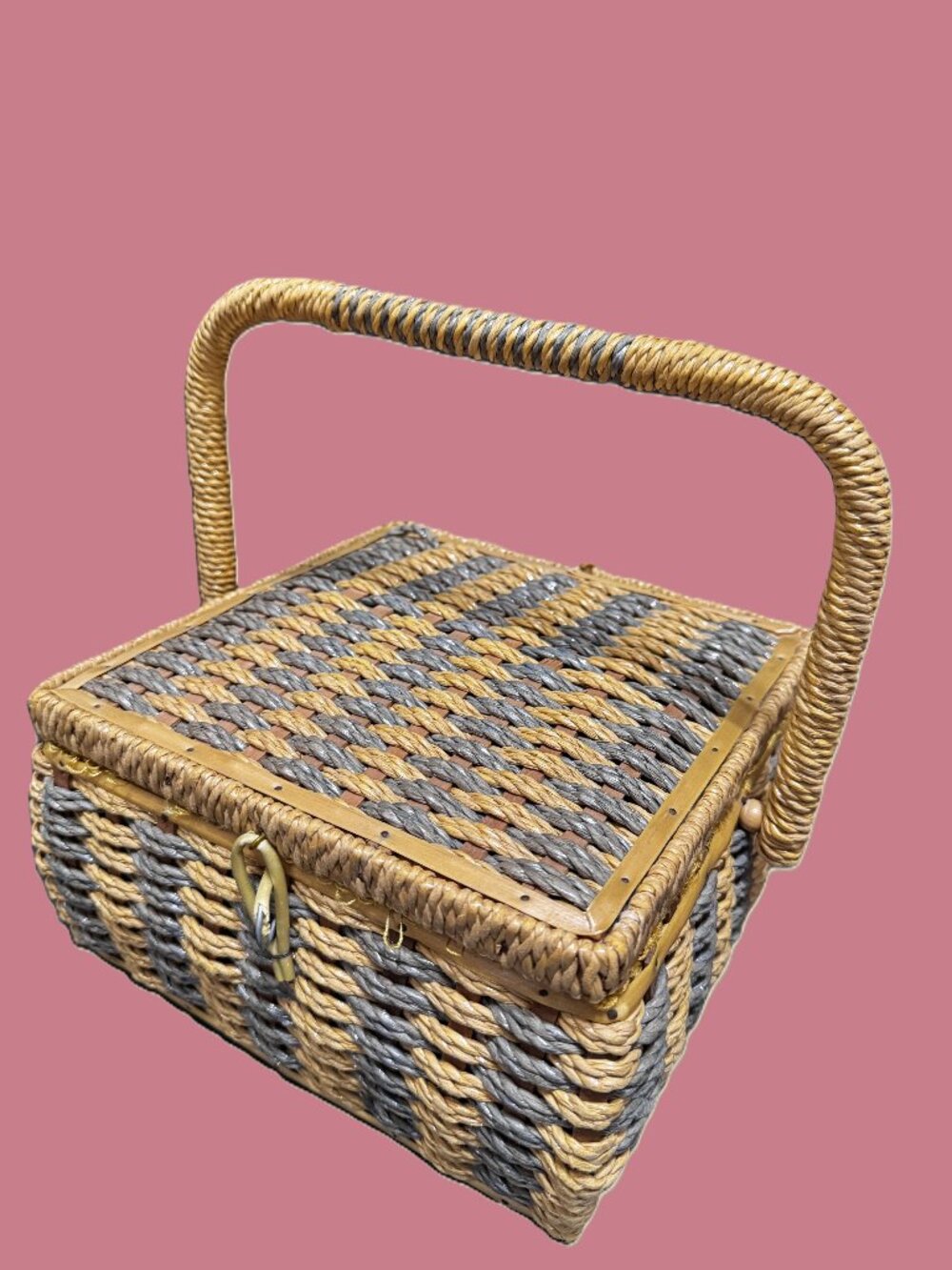 Belding Corticelli Wicker Rattan Single Handle Sewing Basket Vintage Circa 1960s